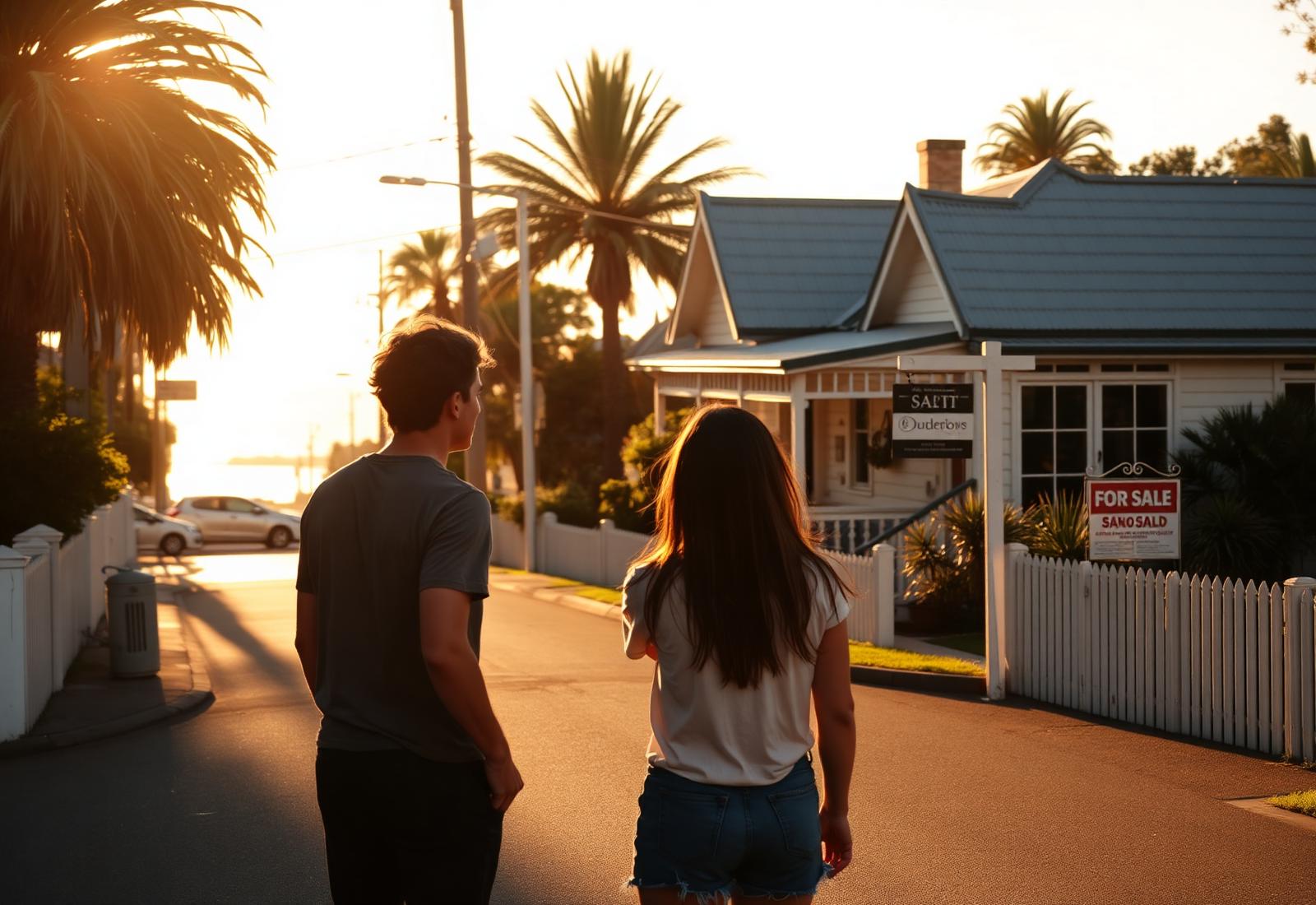Young couple viewing a coastal weatherboard home on the Northern Beaches